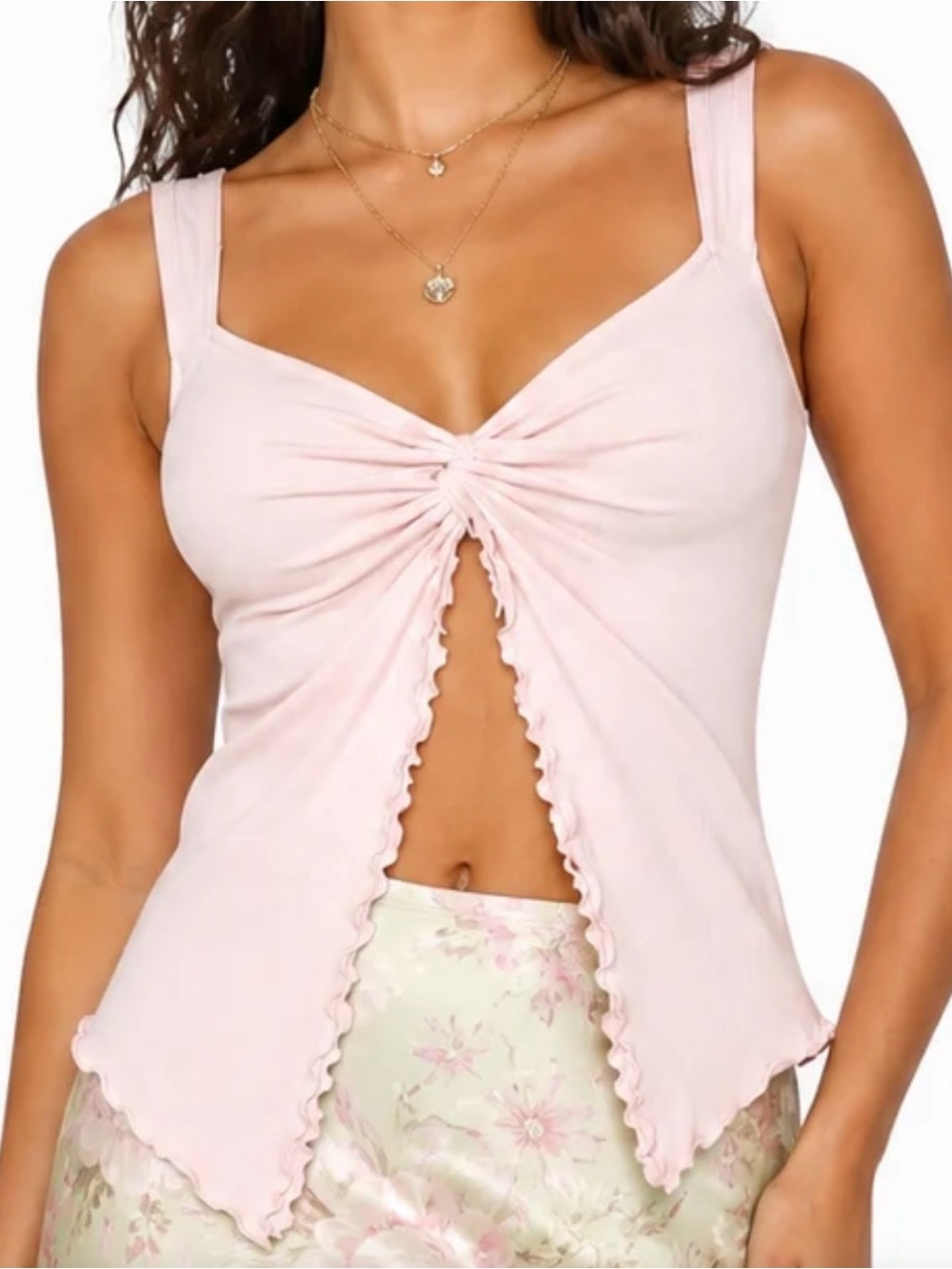 Forever 21 Pale Pink Ruched Front Scallop Trim Tank